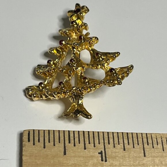 VTG Gold Tone Christmas Tree Red Painted Ornaments Holiday Festive Brooch Pin 2" - Picture 12 of 14